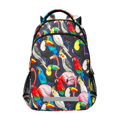 JHKKU Kids Backpack for Boys Girls Bookbags Colorful Exotic Birds School Backpack Elementary Bags Travel Daypack Lightweight Waterproof with Reflective Strip