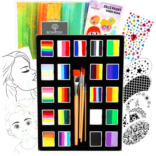 Bowitzki 21 Color Split Cake Face Paint Set Professional Face Painting Kit Kids Adults 10g One Stroke Stencil Brush Practice Board Guide Book Non Toxic Rainbow Body Makeup Halloween Christmas Easter