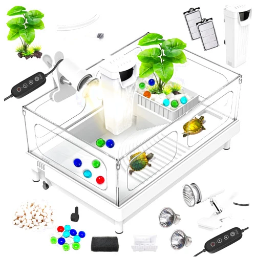 GOZILLA Small Turtle Tank Kit(Tank+Lamp+Filter), Acrylic Aquarium Turtle Starter Kit Habitat with Multi-Functional Areas for Small Reptiles. (White Kit)