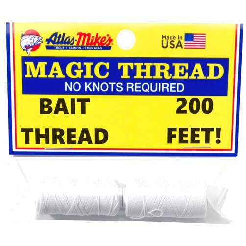 Atlas Mike's Magic Thread White 200 ft 2 Spools, No Knots Required, Tie Bait Sacs Fast, Secure Roe Shrimp Sardine Crayfish Prawn, Holds Bait on Hook Longer, Bait Sac Thread Trout Salmon Steelhead