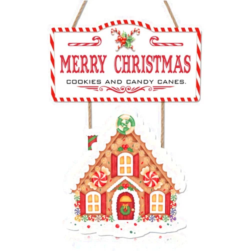 LHIUEM Merry Christmas Gingerbread House Decor for Christmas Wooden Sign Decorations (17x12inch) Xmas Candy Canes Wall Art,Winter Party Hanging Door Sign for Home Festival Porch Front Door Decor