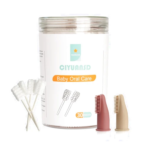 Esonto Baby Tongue Cleaner Baby Toothbrush 30Pcs Disposable Infant Toothbrush Clean Baby Mouth with 2Pcs Finger Toothbrush Baby Oral Cleaning Stick Gauze Cleaner Stick Dental (beige, 32 Piece Assortment)