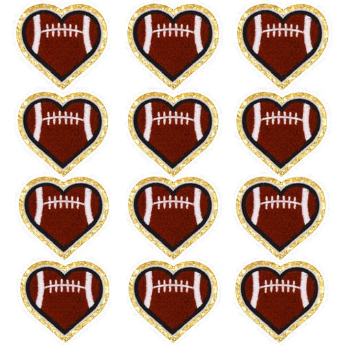 Winrase 12pcs Heart Football Iron on Patches Embroidered Motif Applique Deco Sew on Patches Gold Edges Chenille Love Shape Rugby Embroidered Patches for Clothing, Jeans, Hats, Arts Craft Sew Making