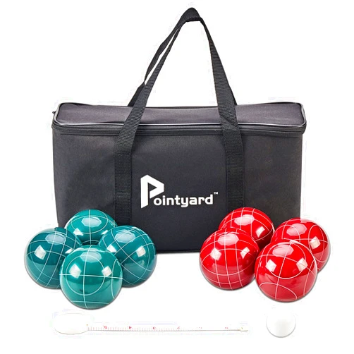 Pointyard Bocce Ball Set, 90mm Classic Bocce Ball Set with 8 Resin Bocce Balls/1 Pallino/Nylon Zippered Bag/Measuring Tape - Outdoor Family Games for Backyard/Lawn/Beach (Red & Green)