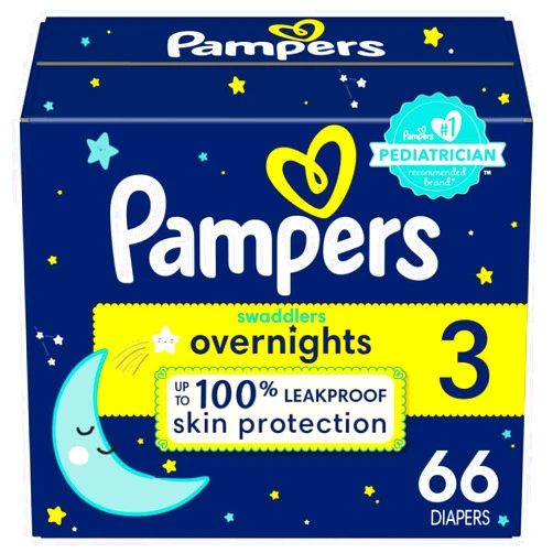 Pampers Swaddlers Overnights Diapers - Size 3, 66 Count, Disposable Baby Diapers, Night Time Skin Protection