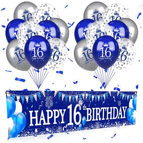 MDCGFOD 16th Birthday Decorations for Boys Girls, Blue Silver 16th Birthday Yard Banner and 16th Happy Birthday Balloons for 16th Birthday Party Decorations Cheers to 16 Years Birthday Decor Indoor Outdoor