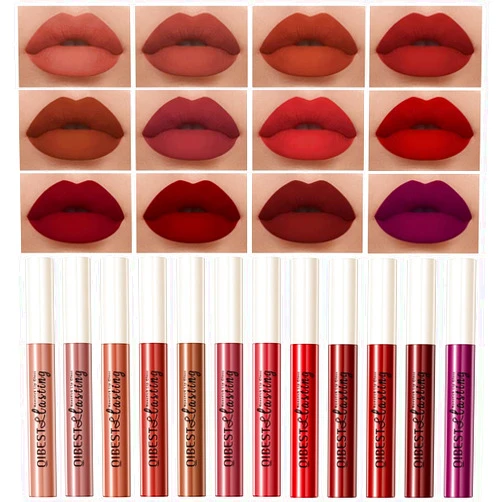 QiBest 12Pcs Matte Liquid Lipstick Set for Girls & Women, 24 Hours Long Lasting Waterproof Nude & Dark Red Lip Gloss Makeup Gift Kits, Velvet Non-Stick Cup Mate Duracion 24 Horas Originales Lip Stains
