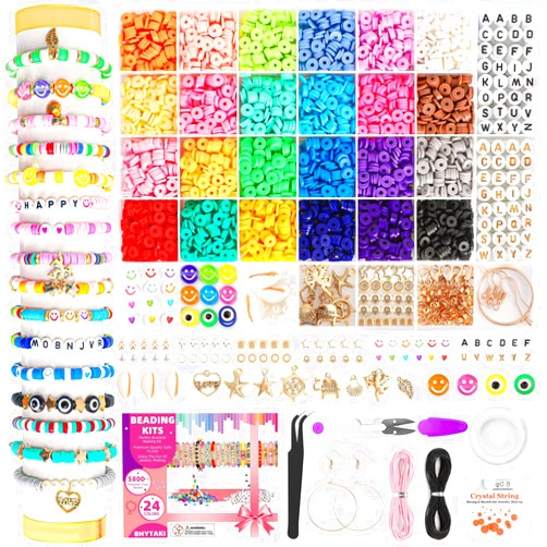 BHYTAKI 5800 PCS Clay Beads Bracelet Making Kit, 24 Colors Flat Preppy Beads for Friendship Jewelry Making, Polymer Heishi Beads with Charms DIY Arts and Crafts Birthday Gifts Toys for Teen Girls Age 6+