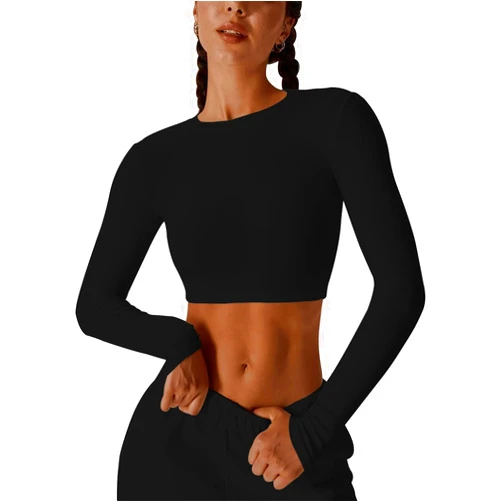 KUNMI Womens Long Sleeve Shirts Ribbed Crop Tops Workout Slim Fit Crew Neck Stretchy Fitted Tee