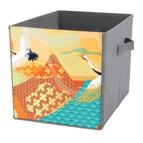 MEIKKO Japanese Crane Sun Cube Storage Bins Oriental Line Art 11 Inch Storage Cubes Foldable Decorative Fabric Storage Baskets for Organizing Home Organizers with Handles for Shelves,Closet