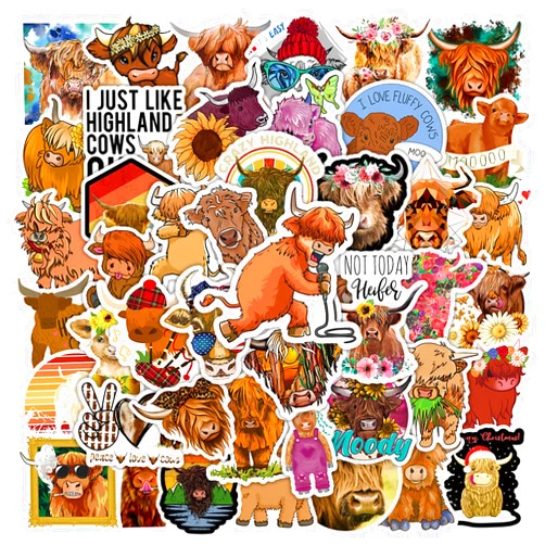 SLZQ 100 PCS Highland Cow Stickers - Cute Animal Water Bottle Skateboard Snowboard Vinyl Laptop Decal Birthday Party Decorations Gift Boys Girls Teens Favors Supplies