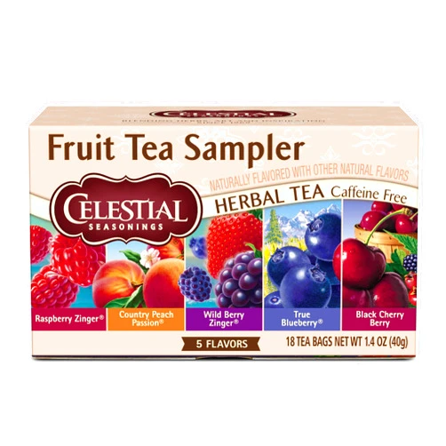 Celestial Seasonings Fruit Tea Sampler Herbal Tea Variety Pack, Caffeine Free, 18 Tea Bags Per Box
