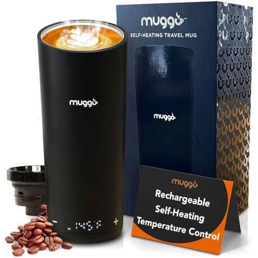 Muggo 12 oz Self-Heating Coffee Mug with 3 Hour Battery Life, Tea, Coffee, & Hot Beverage Warmer, Heated Travel Mug(L)