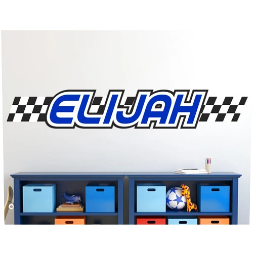 AdesiivoStudio Race Car Wall Decals for Boys Room - Race Flag Name Wall Decal - Personalized Wall Art for Boys, Baby, and Kids - Custom Name Wall Decal with Race Car Theme - Car Decor for Boys Room
