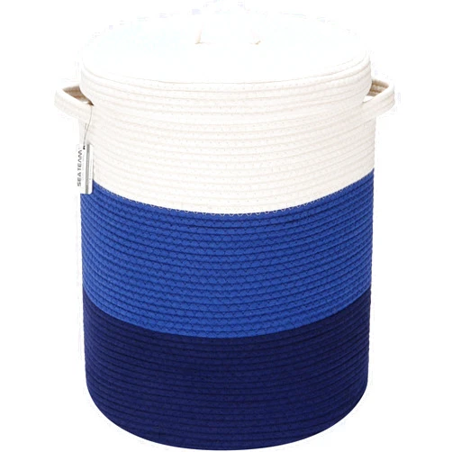 Sea Team Large Size Cotton Rope Woven Storage Basket with Lid, Lidded Laundry Hamper with Handles, Fabric Bucket with Cover, Clothes Toys Organizer for Kid's Room, 16 x 20 inches, White & Navy