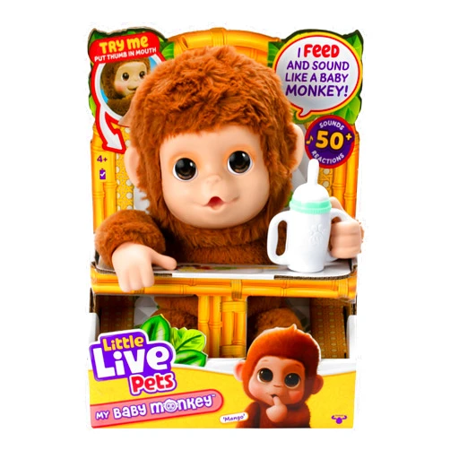 Little Live Pets My Baby Monkey - Adorable pet monkey with over 50 sounds & reactions. Expressive moving mouth. Mango sucks his thumb, feeds from his bottle, & hangs from his hands & feet!