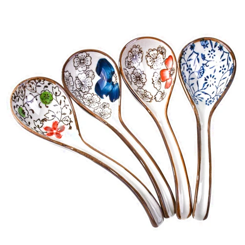 LMRLCS Asian Large Tablespoons set of 4 Japanese Ceramic Soup Spoons with Different Patterns Porcelain Rice Spoons with Long Handle Suitable for Rice Porridge Cereal Wonton Tong Sui Pho Udon and Ramen