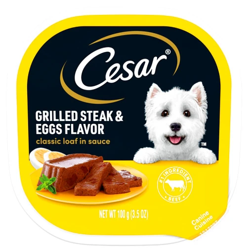 CESAR Adult Wet Dog Food Classic Loaf in Sauce Grilled Steak and Eggs Flavor, 3.5 oz. Easy Peel Trays, Pack of 24