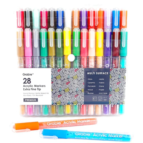 Grabie Acrylic Paint Pens - 28 Color Extra Fine Tip Markers for Painting Various Surfaces - Premium Art Supply Set