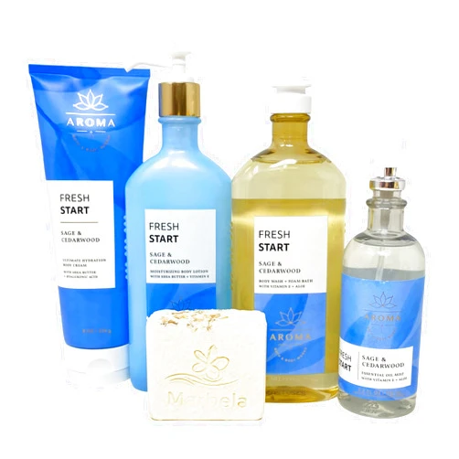 Bath & Body Works Aroma Fresh Start SAGE & CEDARWOOD Deluxe Gift Set - Body Cream - Body Lotion - Body Wash- Essential Oil Mist with a Natural Oats Bar Soap - Full Size