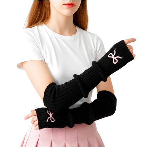Mepase Cute Y2k Bow Arm Warmers Embroidered Bow Kawaii Arm Warmers Knitted Fingerless Gloves Kawaii Accessories for Women
