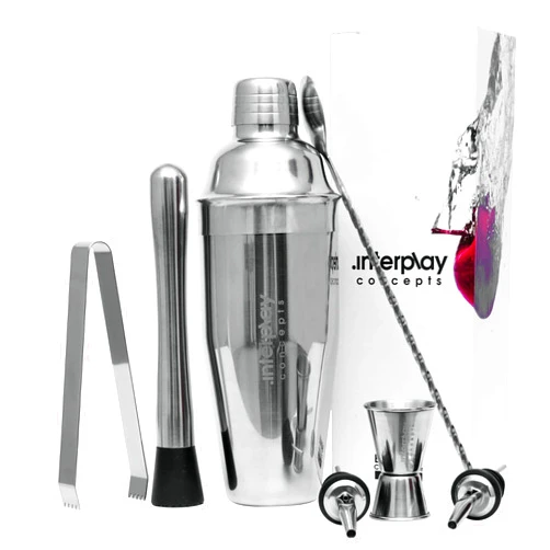 Interplay Concepts Cocktail Shaker Set, 8Pcs Stainless Steel Barware-Tool, Includes Jigger, Bar Spoon, Bottle Pourers, Tong, Strainer, 750ml Boston Shaker