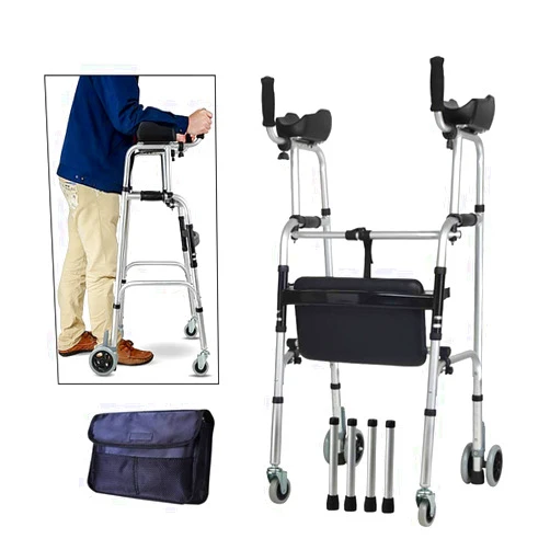 FKDEWALKER Wheeled Walker with Arm Rest,Aluminium Foldable Walking Frame, Walking Mobility Aid， Lower Limb Trainer Standard Walker for Elderly (Color : 6 Wheels+4 Walker Legs+seat+Bag)