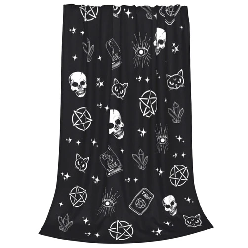Qilerongrong Gothic Skull Cat Halloween Throw Blanket, Lightweight Warm Cozy Magic Book Fleece Blanket, All Seasons Magic Theme Flannel Blanket for Bed Bedroom Living Rooms Sofa 50 X40 Inch