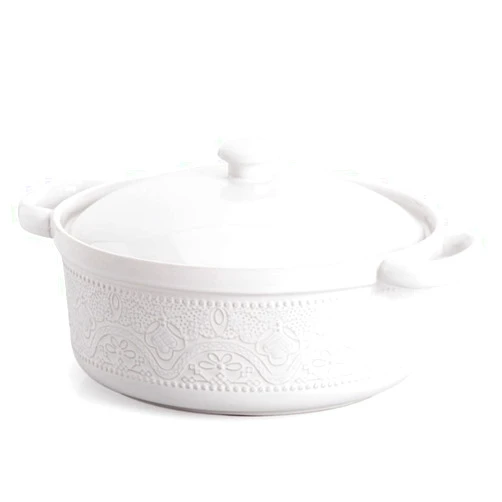 FE FUN ELEMENTS FUN ELEMENTS Casserole Dish, 2 Quart Lace Emboss Dish with Lid, Oven to Table Ceramic Round Serving Handles for Dinner and Party, Thanksgiving Christmas Gifts(Bright White)
