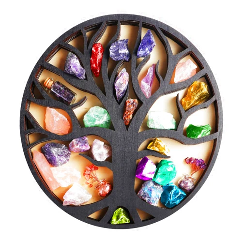 Elivida Wooden Crystal Display Shelf Tree of Life Floating Shelf for Rocks, Stones, Crystals, Essential Oils Storage, Wall Mounted Shelf, Gothic Rustic Boho Style Wall Art Decor, 11.8x11.8 inches