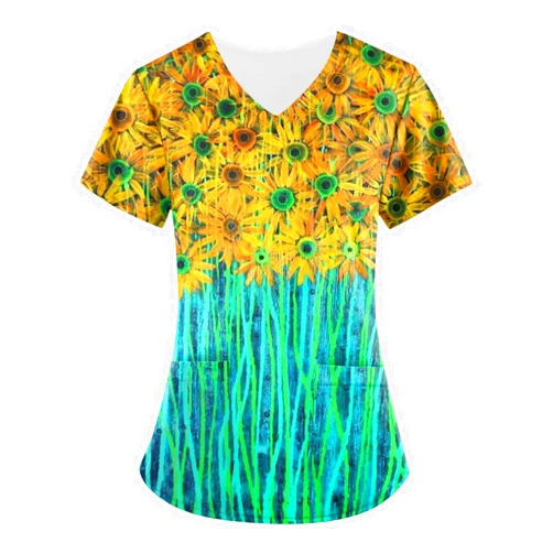 JJHAEVDY Scrub Tops for Women Floral Printed Short Sleeve Nurse Working Uniform Summer V Neck Holiday Tunic Blouse with Pocket
