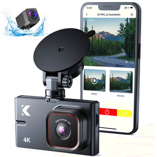 Kingslim Dash Cam Front and Rear with WiFi - Kingslim D2 Pro 4K Single Front/2K+1080P Front and Rear Dual Dashcam for Cars with Night Vision and 24H Parking Monitor, 256GB Max Supported, Black
