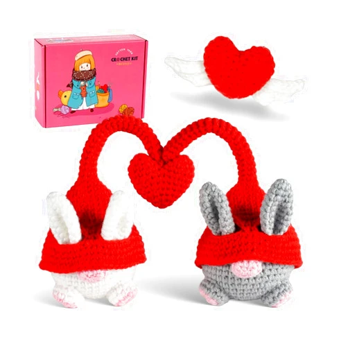 GerlWorld Crochet Kit for Beginners, Ground Elf Hearts Crochet Kit with Step-by-Step Video Tutorials, Knitting Starter Pack for Adults and Kids, Gnome and Flying Heart Knitting Kit Hooks for Lovers(40%+ Yarn)