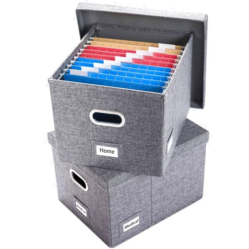 PRANDOM File Organizer Box - Set of 2 Collapsible Decorative Linen Filing Storage Hanging File Folders with Lids Office Cabinet Letter/Legal Size Grey (17x14x11.2 inch)