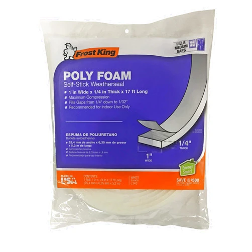 Frost King L343 Poly Foam Tape-Open Cell-Maximum Compression, L343-1, 17ft L, White-1/4 Thick, 1