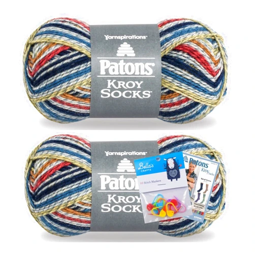 Bella's Crafts Patons Kroy Socks Yarn 2-Pack Bundle with Bella's Crafts Stitch Markers (Blue Striped Ragg)