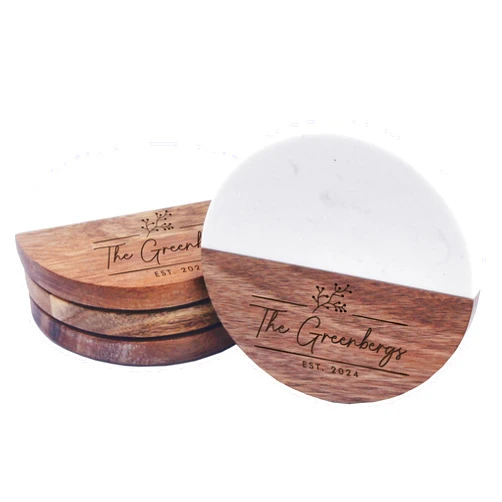 The Wedding Party Custom Personalized Marble, Slate and Acacia Bar Coasters for Drinks, Wedding Gift for Couples (Round Marble and Acacia)