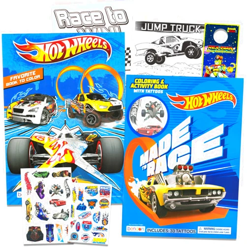 Bendon Hot Wheels Tattoos Temporary for Kids - Hot Wheels Party Pack Bundle with Hot Wheels Tattoos for Kids and Hot Wheels Coloring Book Plus Door Hanger | Hot Wheels Party Supplies