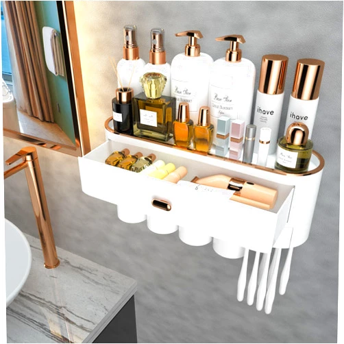iHave Toothbrush Holders for Bathrooms, 4 Cups Toothbrush Holder Wall Mounted with Large Capacity Drawer and Tray - Bathroom Storage & Bathroom Organizer