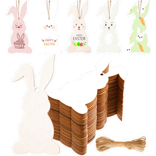 AWIZOM 72 Pcs Easter Bunny Wood Cutouts Unfinished Wooden Bunny Ornaments Wooden Rabbit Cutouts Blank Wood Spring Bunny Slices with Twine for DIY Crafts Tags Spring Easter Hanging Decor,3.94x1.97