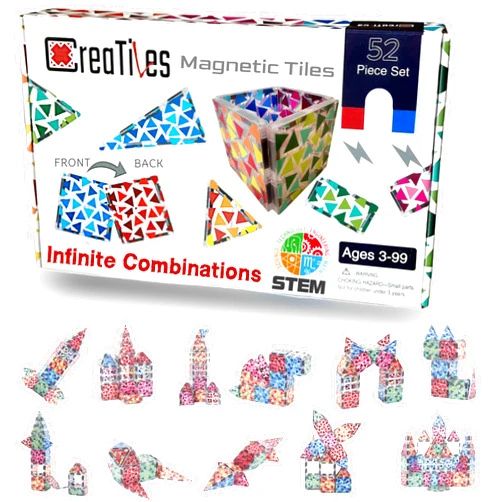 Creatiles Magnetic Tiles Set - 52 PCS Double-Sided Color Tiles for Kids | Unique Geometric Design for More Creative Builds | STEM Toy for Ages 3 4 5 6 7 8 9+ Birthday Gift Boys & Girls