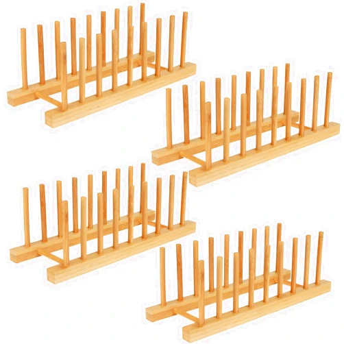 Yuixoseu 4 Pack Bamboo Wooden Dish Drying Rack Kitchen Cabinet Organizer, Plate Pot Lid Organizer, Drying Rack Stand Drainer for Dish, Pots, Lids, Bowls, Cups, and Cutting Boards and Books