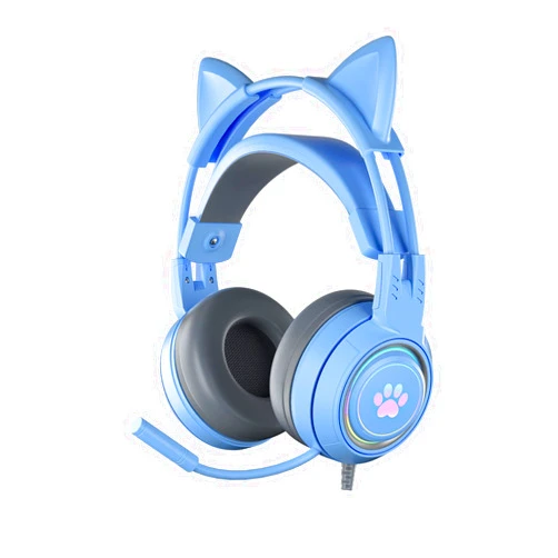 Marryself Stereo Gaming Headset with Mic 3.5mm Sound Detachable Cat Ear Headphones Lightweight Self-Adjusting Over Ear Headphones Essential Gifts for Valentine's Day (Blue)