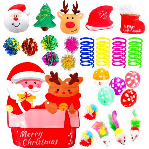 KITCHSTAR 25 Pack Christmas Cat Toy, Kitten Toy Bag Set Assorted with Cat Spring Toy, Cat Ball Toy, Crinkle Cat Toy, Mouse for Cats Interactive Play