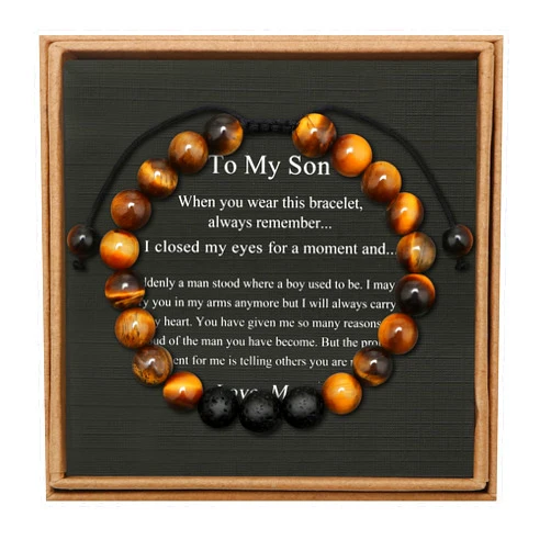JoycuFF To My Man Mens Bead Bracelet for Boyfriend Husband, Adjustable 8mm Mens Tiger Eye Black Matte Agate Bead Bracelets
