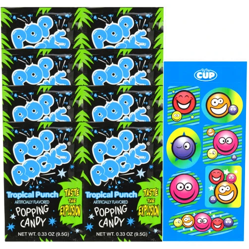 By The Cup Pop Rocks Tropical Punch, 0.33 oz Packets (Pack of 8) with By The Cup Stickers