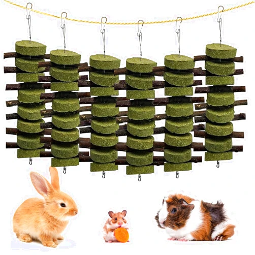 kathson 6 PCS Bunny Chew Toys for Teeth Grinding, Chinchilla Treats Organic Bamboo Sticks Natural Fruitwood Branches for Rabbits Guinea Pigs Hamsters (Fruitwood Sticks+Alfalfa Cakes)