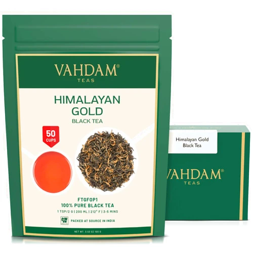 VAHDAM, Himalayan Gold Black Tea (50 Cups/3.53oz) Pure Black Tea Leaves With GOLDEN TIPS | Robust, Rich & Flavory Loose Tea | Unblended Single Origin Black Loose Leaf Tea | Vacuum Sealed Pack
