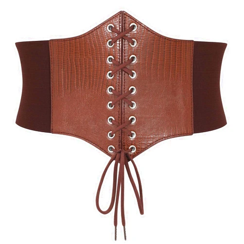WOWOGO Corset Belt for Women Lace Up Elastic Leather Waist Corset Tied Waspie Belt for Renaissance Pirate Halloween Costume