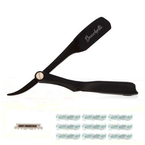 Bucchelli Black Folding Straight Edge Razor W/Pack Of 10 Blades